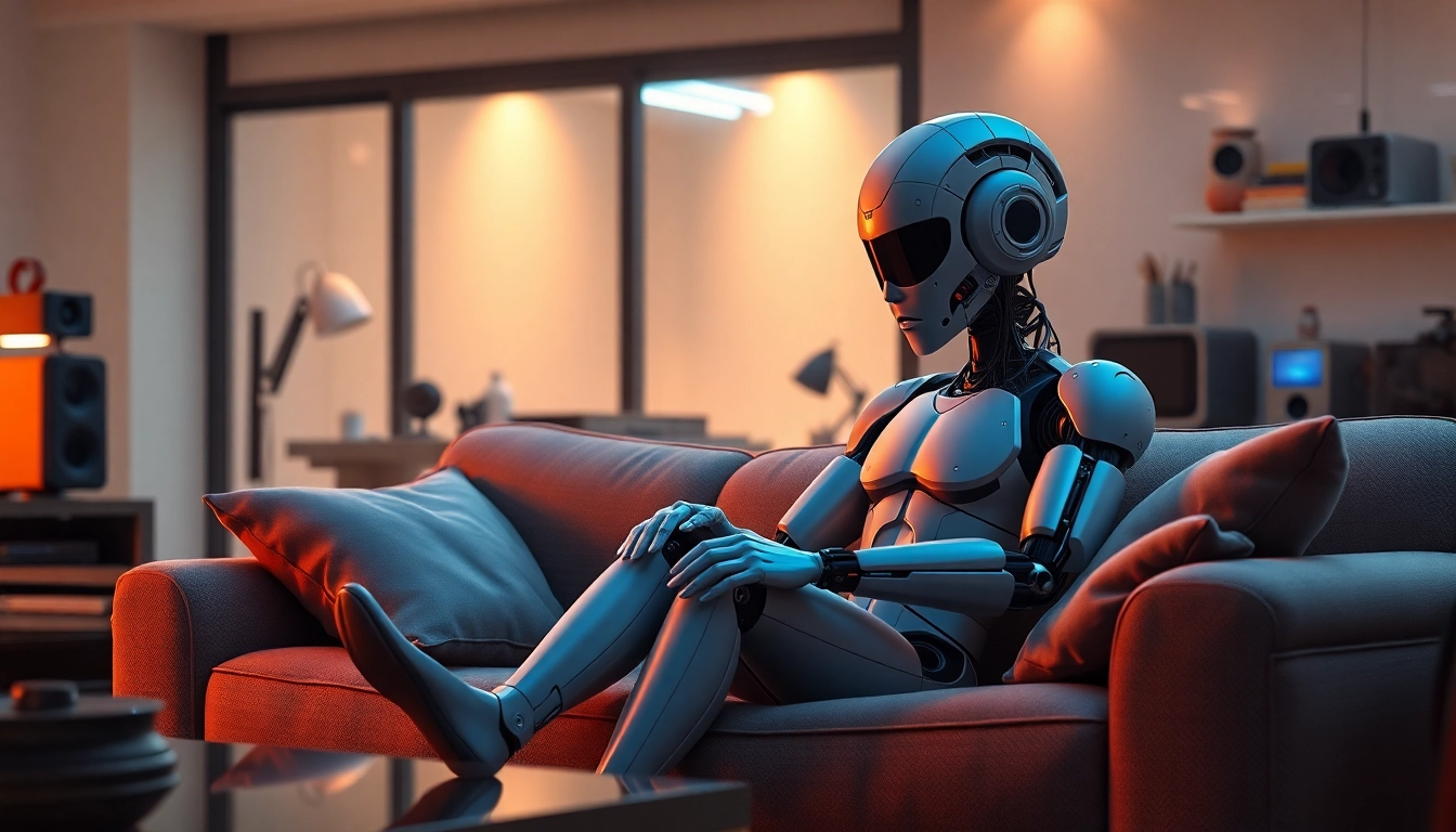 Interactive humanoid sex bot in a cozy futuristic living room, showcasing AI features.