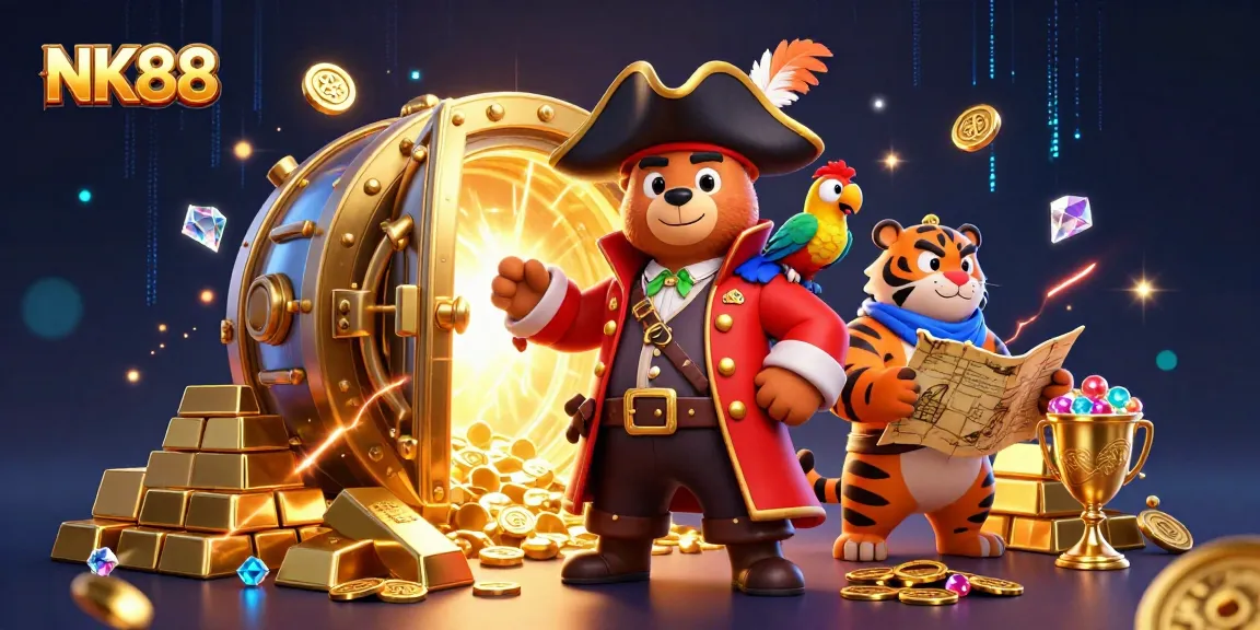 Experience the thrilling adventures at NK88 with a vibrant casino treasure scene featuring a pirate bear!