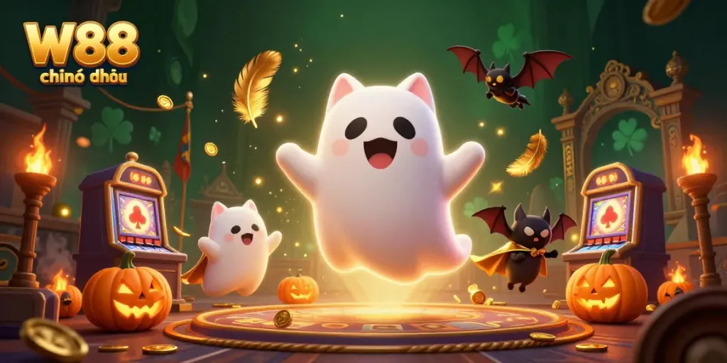 Experience W88 chính thức with a playful ghost cat and bat companions in an enchanting casino scene.