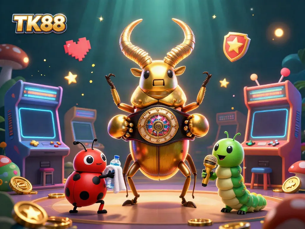Experience dynamic gambling fun with TK88, featuring a giant beetle and arcade elements in a vibrant casino scene.