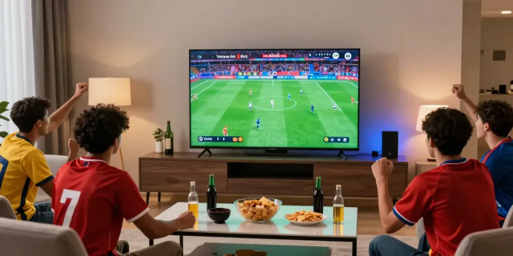 Friends enjoying soccer matches on gà vàng tv in a vibrant living room.
