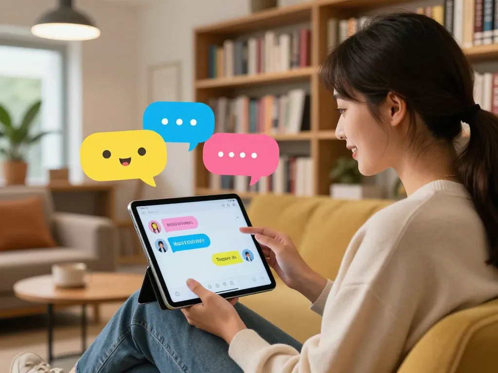 Engaging in a porn chat ai conversation on a tablet in a modern lounge.