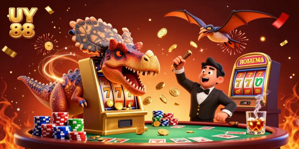 Watch UY 88's fun pachycephalosaurus and friends enjoying a jackpot win at a vibrant casino scene.