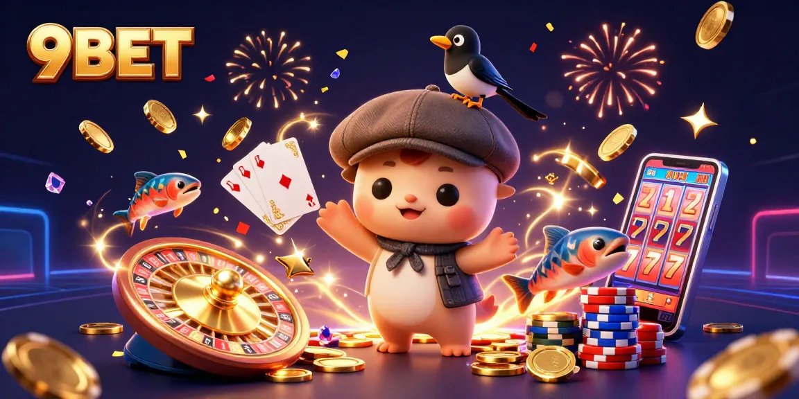 Engage in thrilling betting at 9BET with dynamic visuals showcasing playful Nessie and casino elements.