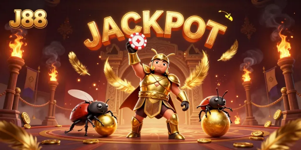 Experience the thrill of J88 as the gladiator beetle wins with poker chips in a vibrant casino scene.