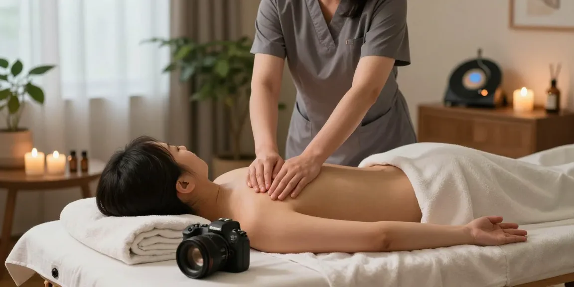 Korean massage therapist providing 광명출장마사지 in a tranquil home setting with candles and essential oils.
