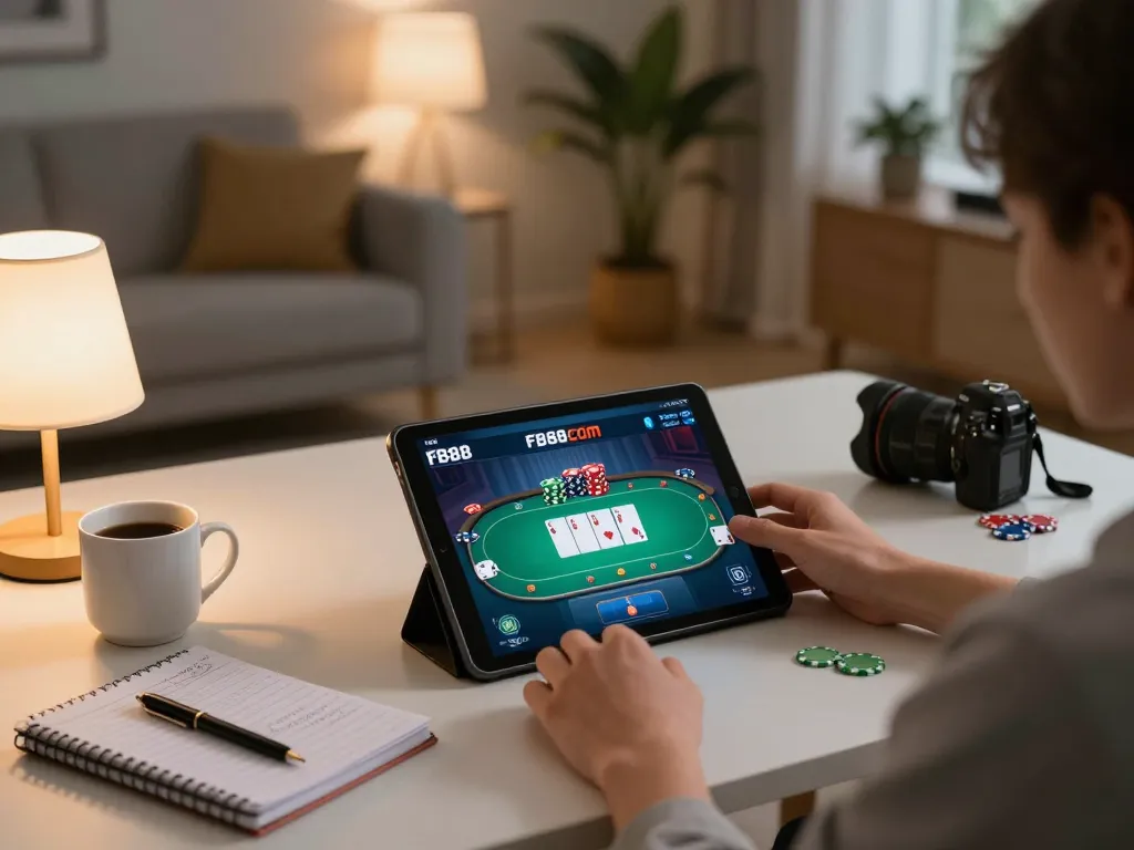 Player engaging with FB88 COM on a tablet, showcasing a relaxed home gaming setup