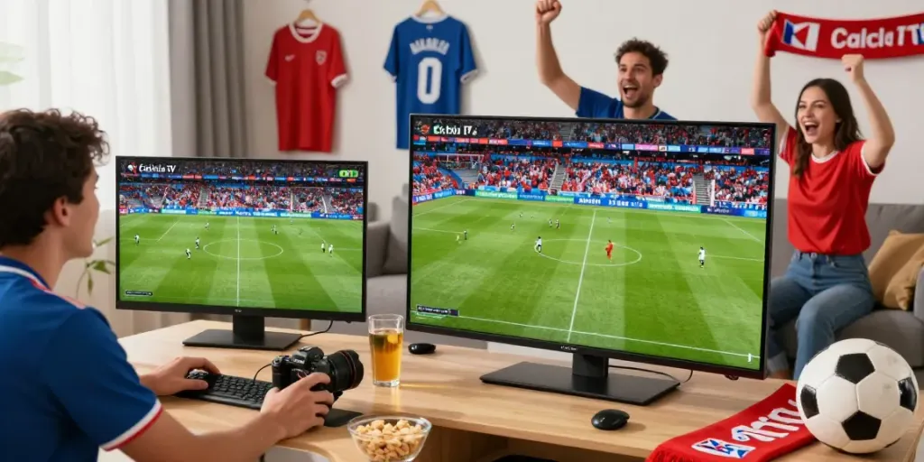 Cakhia TV sports fan watching a live football match with friends in a vibrant home setting.