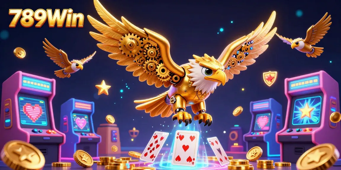Experience the excitement of 789Win with stunning visuals of a golden eagle amidst casino elements.
