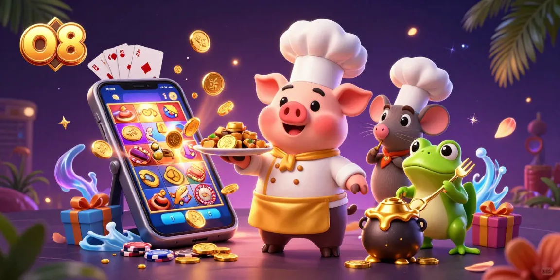 Engage in thrilling slot action with o8's vibrant casino scene filled with gold coins and dynamic characters.