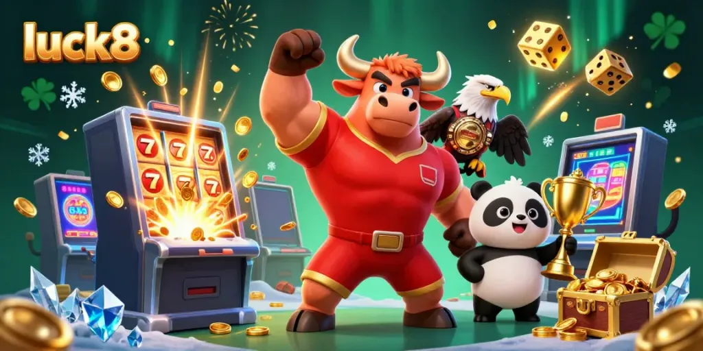 Experience luck8's thrilling casino games with a vibrant 3D scene showcasing a triumphant bull, eagle, and panda.