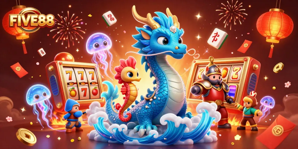Engage with FIVE88 casino excitement illustrated by a flowing dragon, seahorse knight, and vibrant casino symbols.