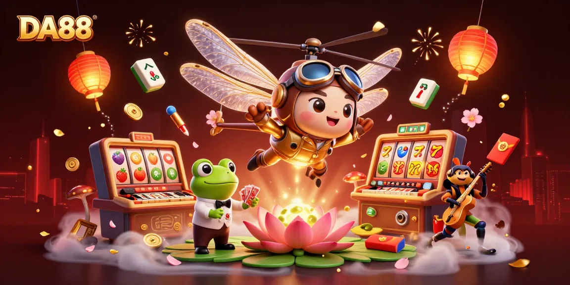 Experience DA88 in a vibrant casino scene with a dragonfly pilot, lively croupier, and jazz musicians.