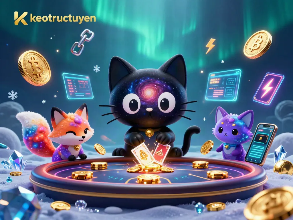 Engage with the cosmic allure of keotructuyen as a black hole cat draws in golden chips at an animated casino.