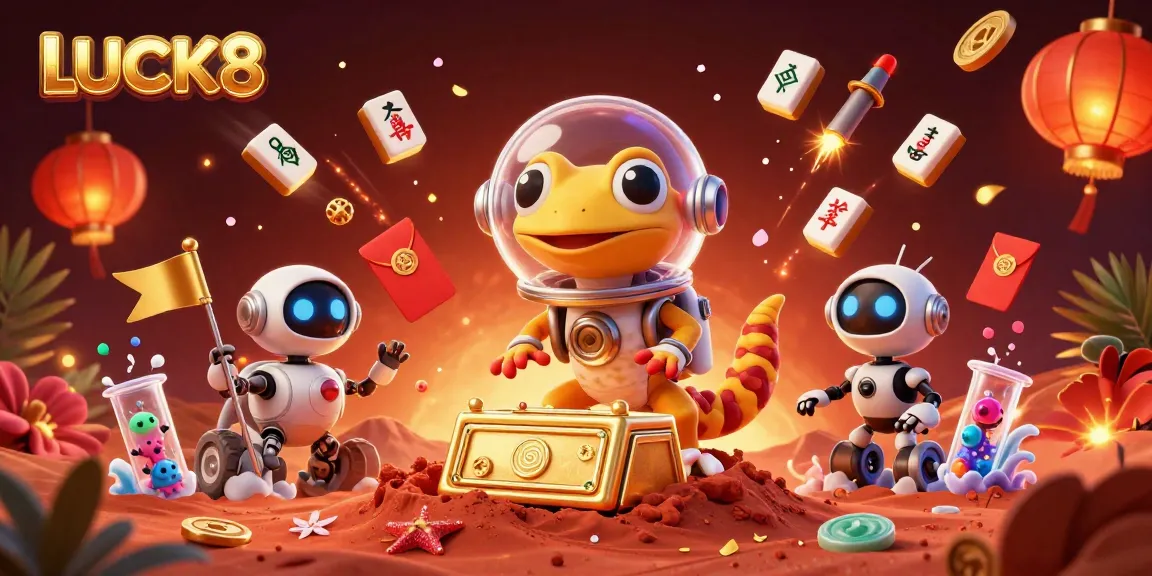 LUCK8 showcases a Martian gecko discovering a golden casino with vibrant game elements, creating a captivating atmosphere.