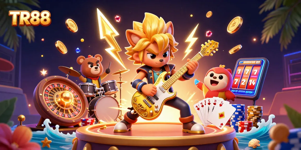 Engage in action-packed betting with TR88-themed 3D casino illustration featuring vibrant characters and vivid game elements.