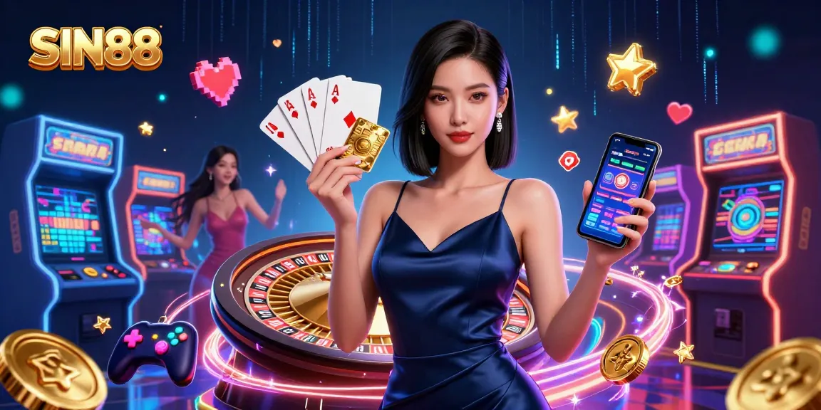 Experience thrilling gaming with SIN88 through this vibrant 3D casino illustration.