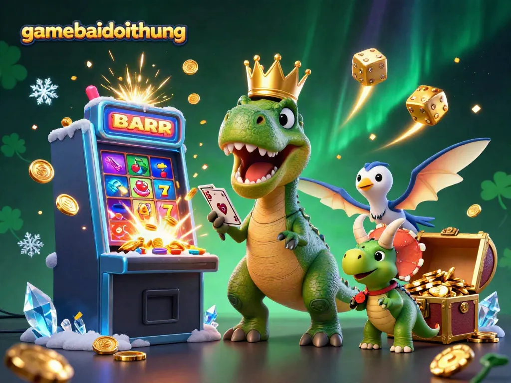 Experience exciting gameplay at gamebaidoithuong with a friendly T-Rex and vibrant casino elements.