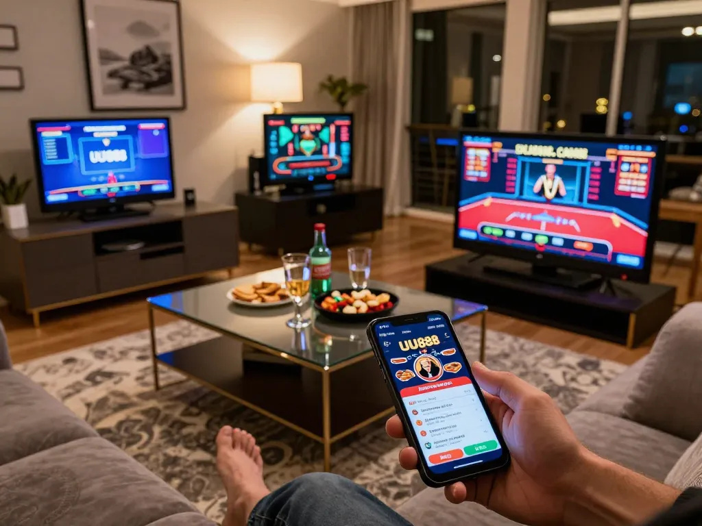 Player engaging in UU888 app on smartphone for online casino gaming, cozy living room with vibrant atmosphere