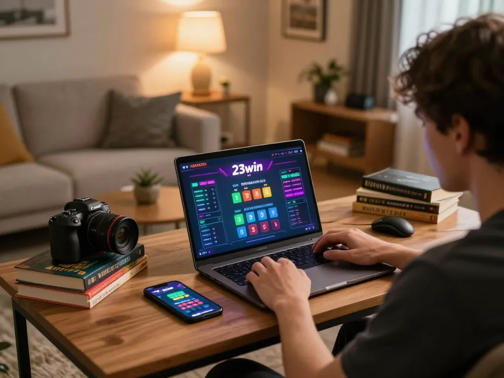 Player engaging with 23win.com online casino setup, demonstrating strategic gambling in a cozy living room.