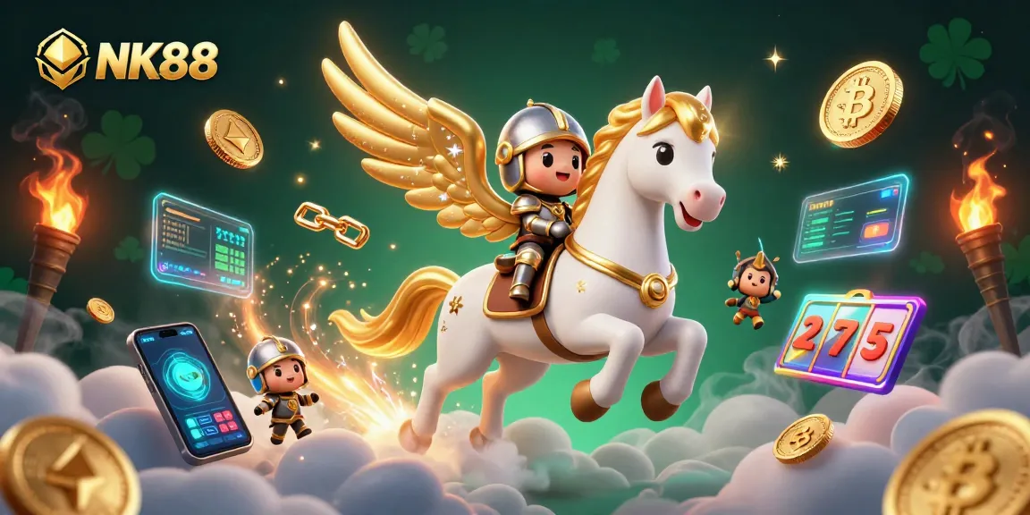 Engage in thrilling gameplay at NK88 with a celestial knight amidst dazzling crypto elements