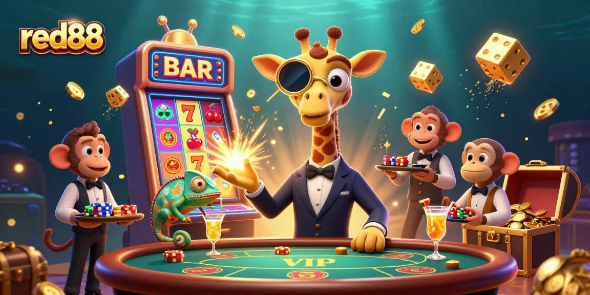 Experience excitement at red88 with a vibrant casino scene showcasing high-roller giraffe and dynamic game elements.