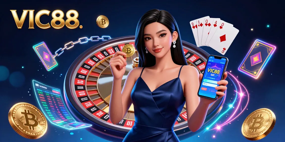 Engage with VIC88, a vibrant casino platform featuring a stunning woman with casino elements, Bitcoin coins, and a roulette wheel.