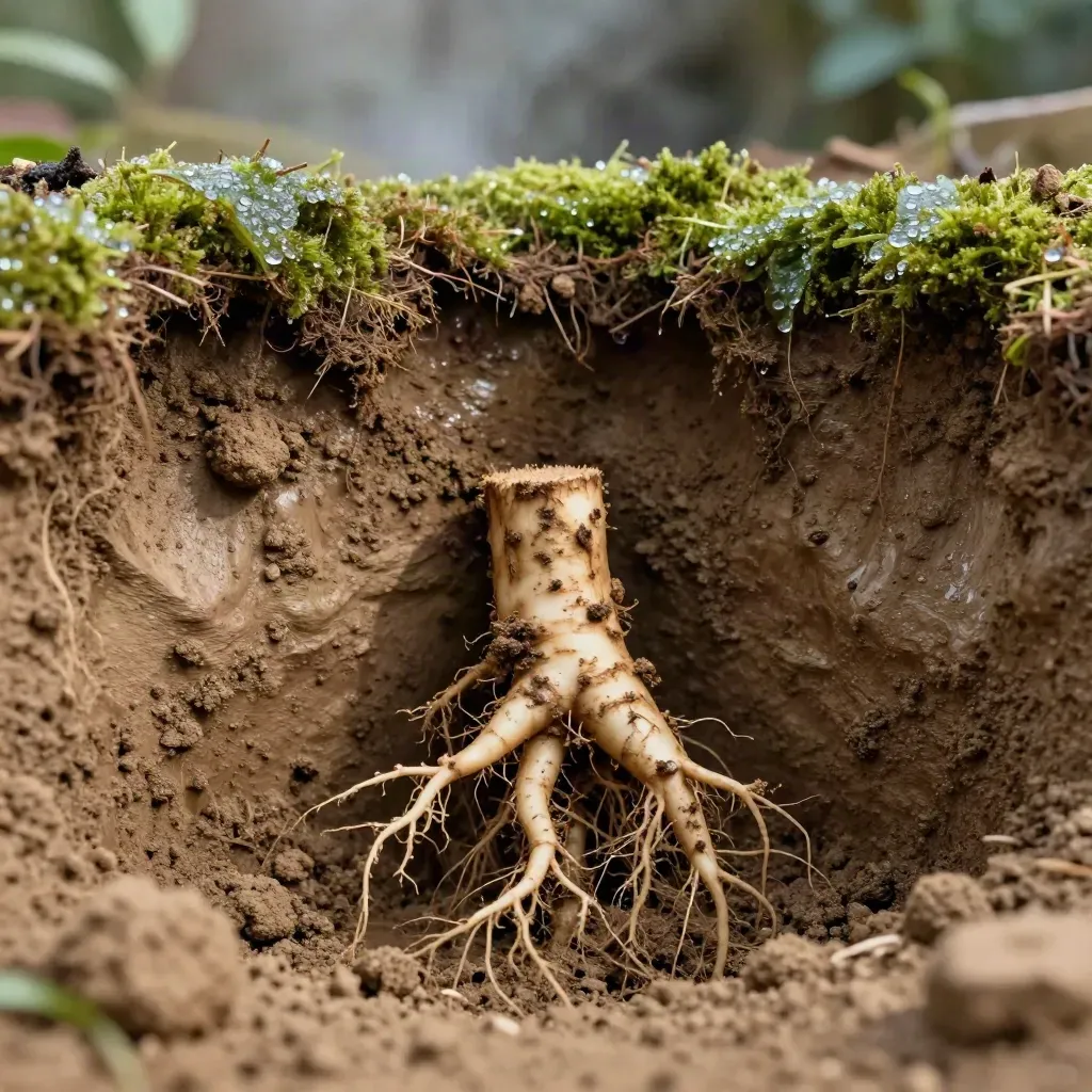 Närbild av nyöppnad rotgrop med blottad rotkrage, fuktig jordvägg och hoprullad rotbarriär.