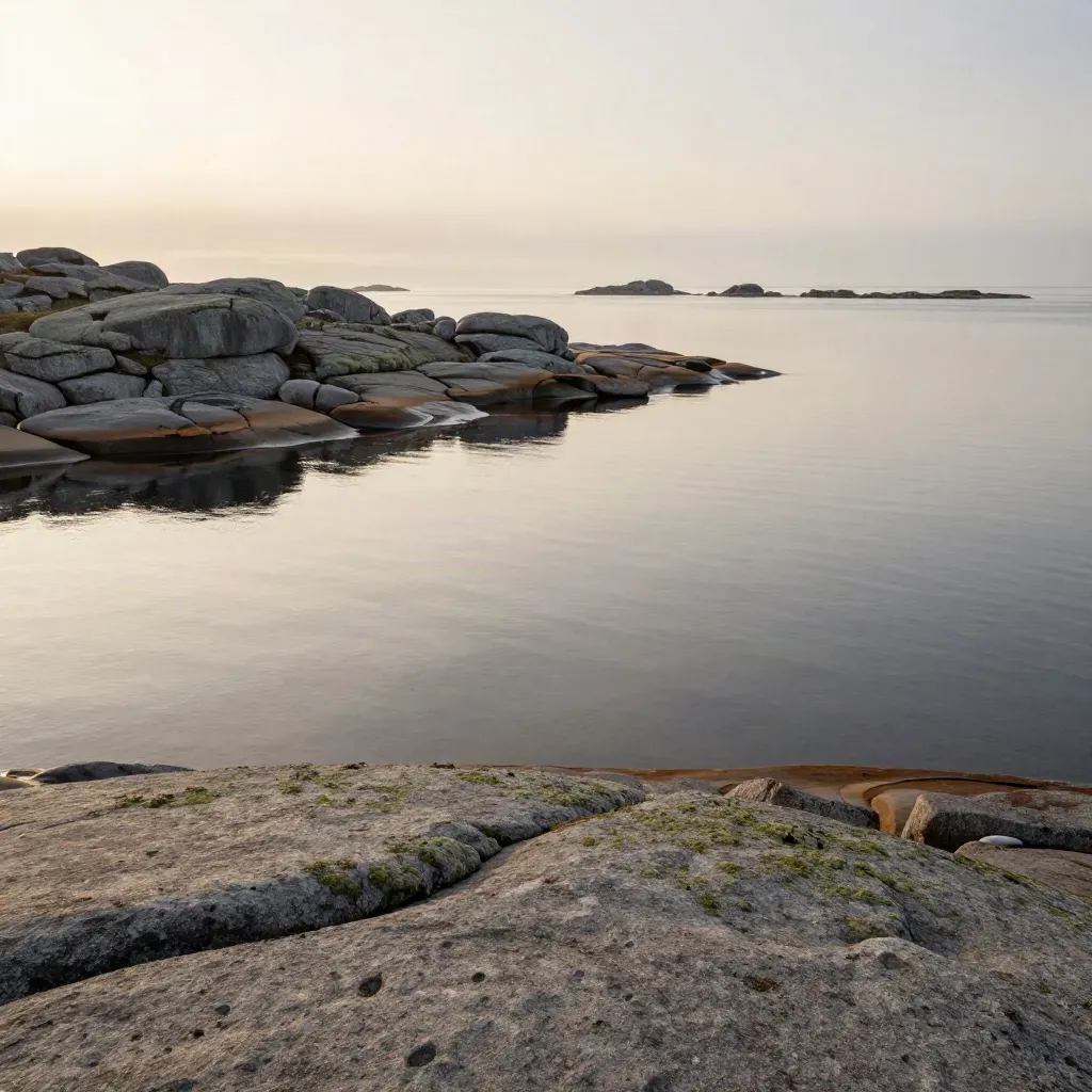 Dimmig skärgårdsvy med granitklippor, stilla inlopp och kustlinje högt i bild.