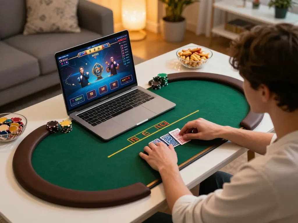 Alo8 user placing bets during online poker game on laptop at home.