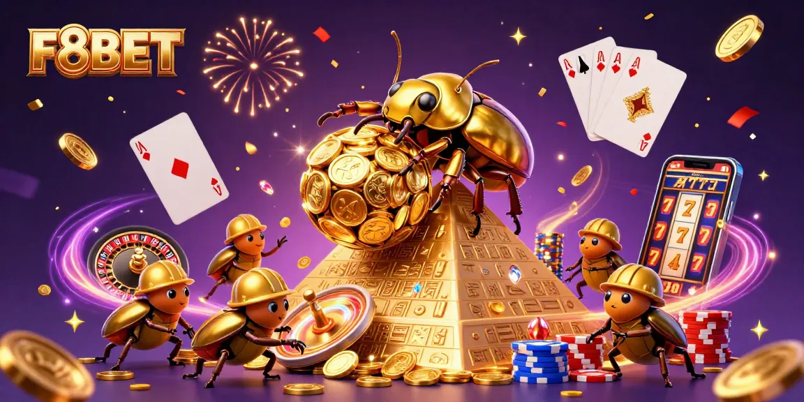 Experience the thrill of F8BET with a golden dung beetle and casino symbols in vibrant 3D.