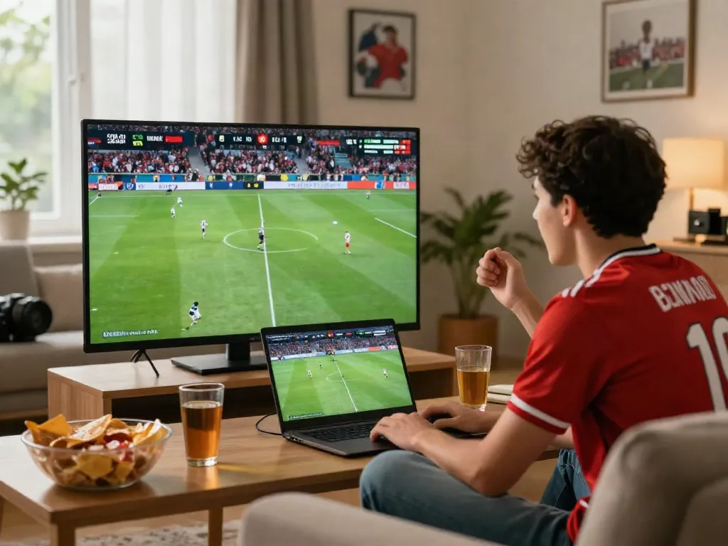 Exciting live football viewing experience at home with thập cẩm tv streaming action on a large screen.