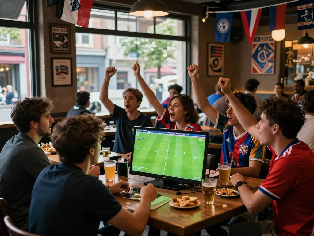Cà khại tv fans celebrating live football match at lively sports bar.