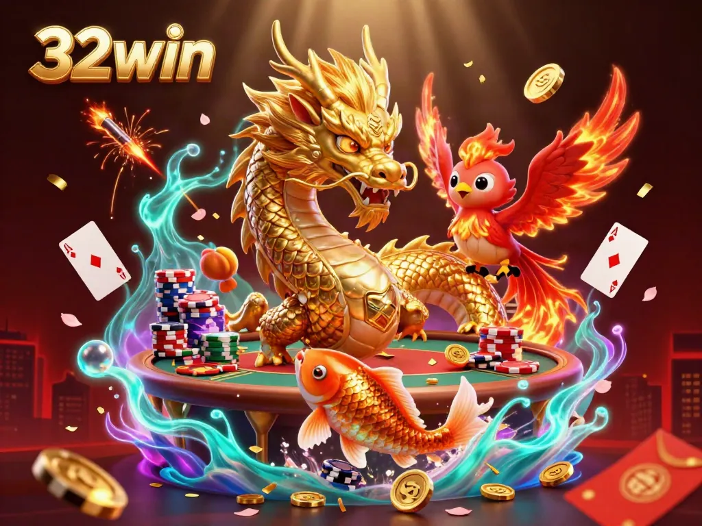 32win showcases a vibrant 3D illustration of a dragon, phoenix, and koi fish amidst poker elements.