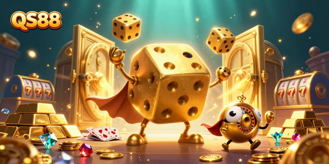 Spin the reels with QS88 at an exciting online casino featuring golden dice and treasures.