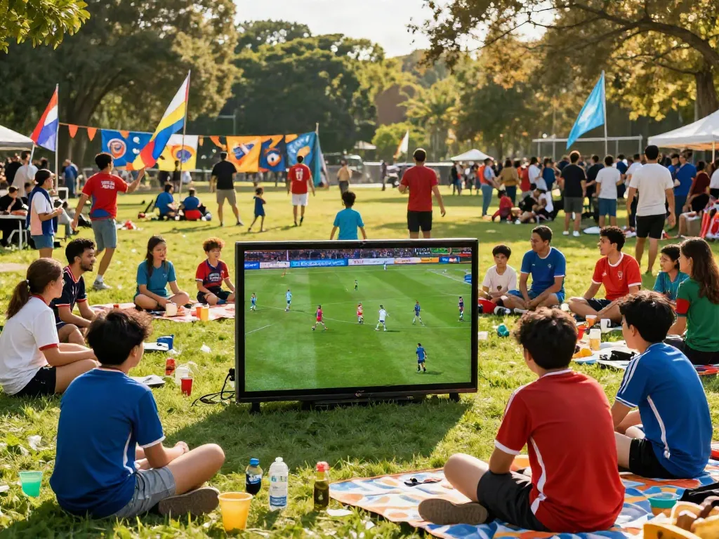 Fans enjoying an outdoor viewing party for xôi lạc tv soccer matches, surrounded by food and excitement.