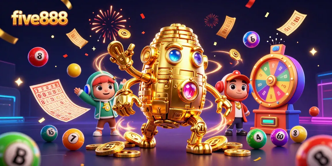 Engage with five888's dynamic gaming experience featuring a golden golem and festive casino elements.