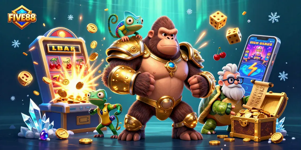 Engage with thrilling FIVE88 slot machine jackpot excitement, featuring vibrant casino characters and elements.
