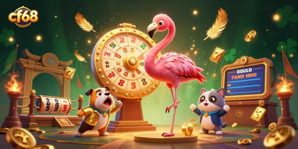 Engage with cf68's thrilling casino games featuring a vibrant host and excited bulldog in a lively 3D scene.