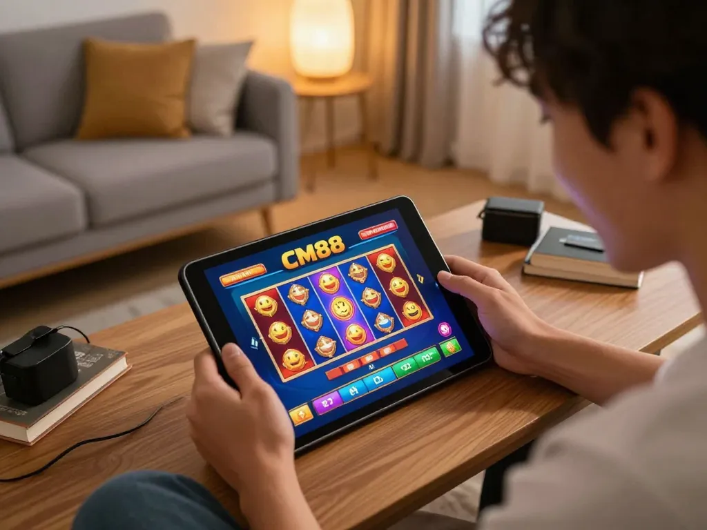 CM88 player enjoying online slots on tablet in a cozy home setting