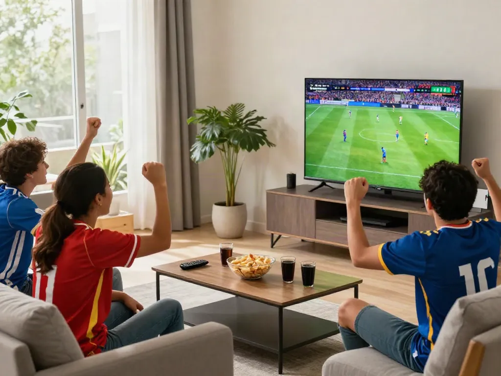 Group of friends enjoying cà khịa tv live soccer in a modern living room