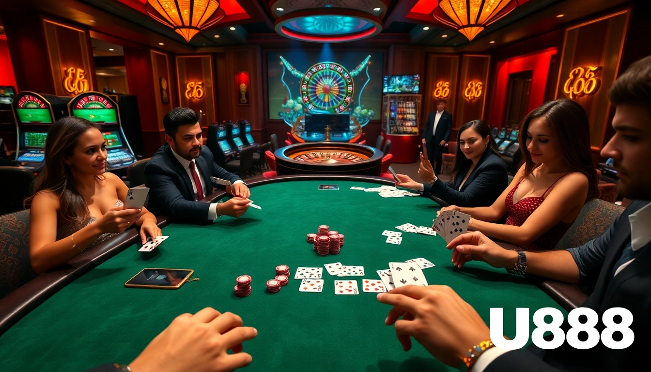Experience thrilling gameplay at U888 with an exciting poker table filled with players, cards, and chips.