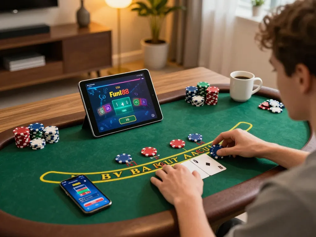 fun88 player enjoying live blackjack on tablet in cozy home setting with casino chips