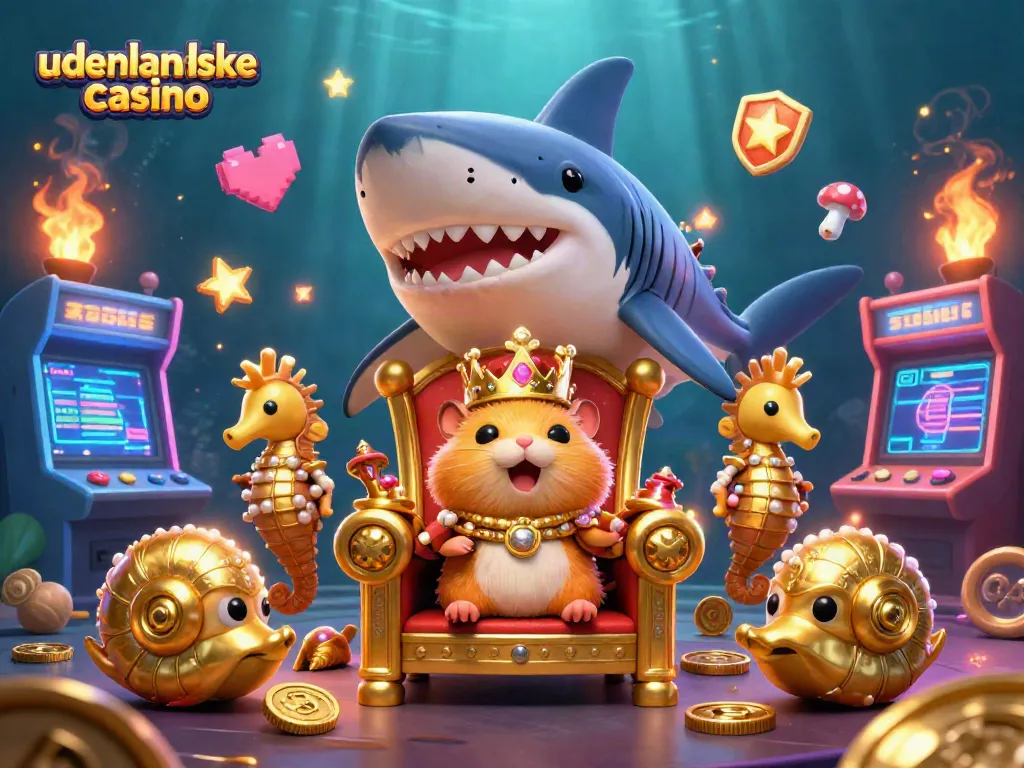 Engage with udenlandske casino through a vibrant scene featuring a golden hamster king and colorful gaming elements.
