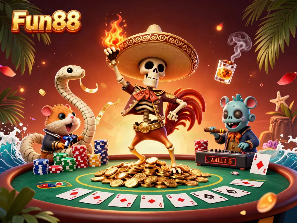 Fun88 brings excitement with 3D characters celebrating amidst vibrant poker elements.