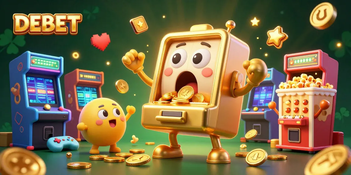 DEBET slot machine hits jackpot as coins spill, showcasing an exciting gaming scene filled with vibrant elements.