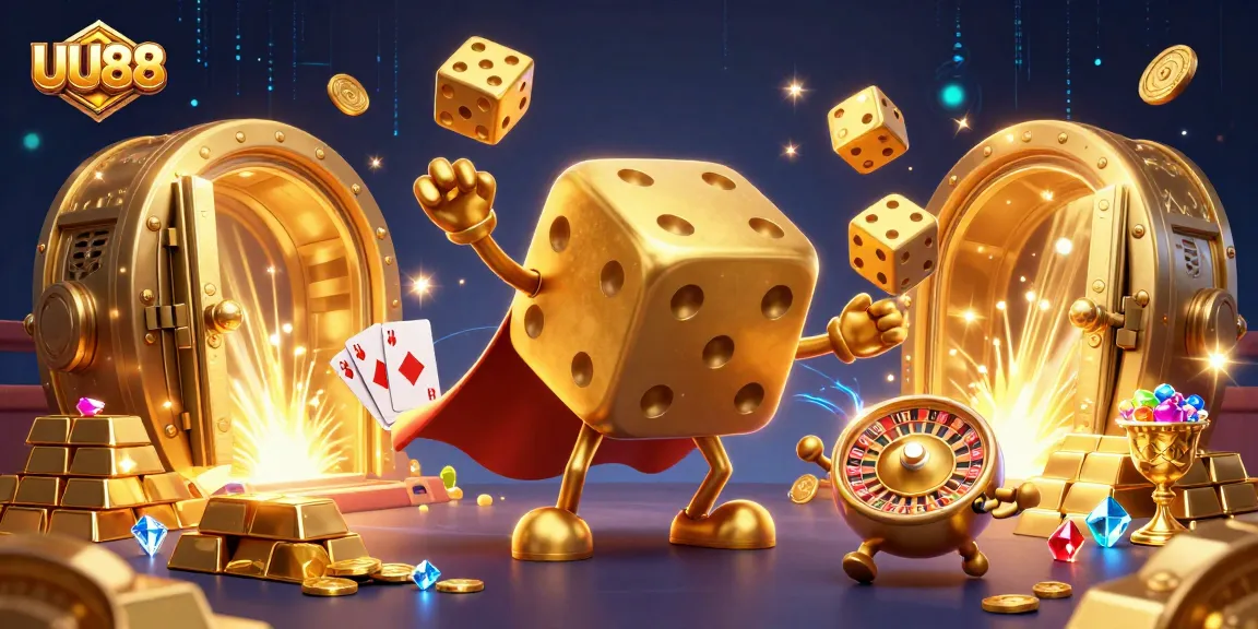 Engage with the golden dice golem at UU88 in this vibrant casino illustration.