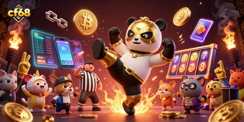 cf68 showcases an exciting illustration of a panda and chihuahua in a dynamic casino scene with slot symbols.