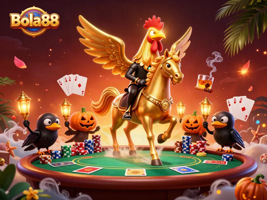 Bola88 delivers excitement in an action-packed casino scene featuring vibrant characters and gambling elements.