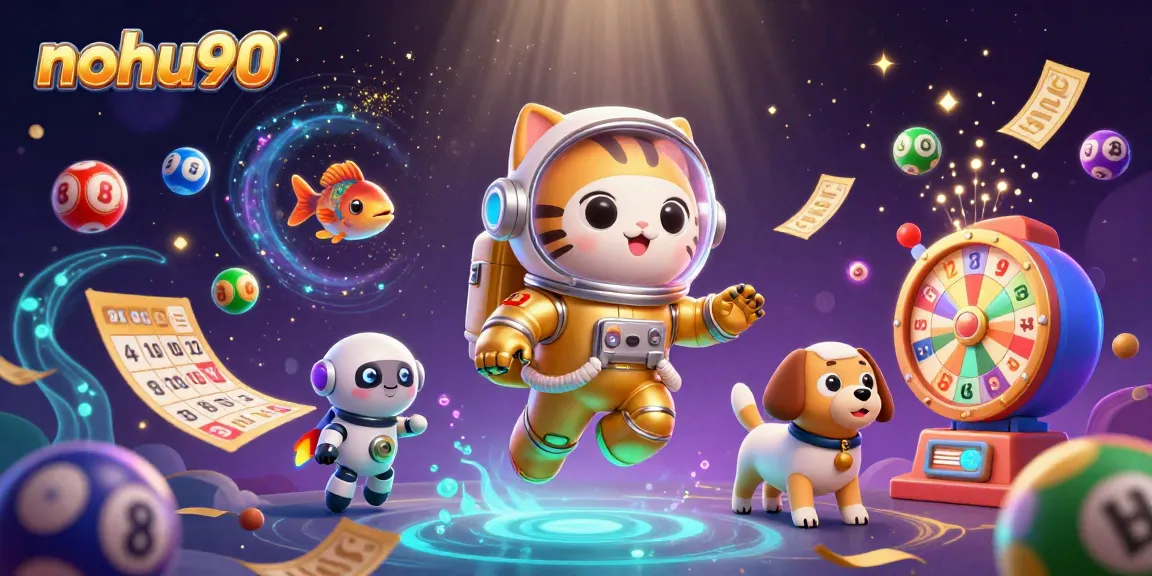 A thrilling scene showcasing nohu90's vibrant online casino world with cartoon characters and gaming elements.